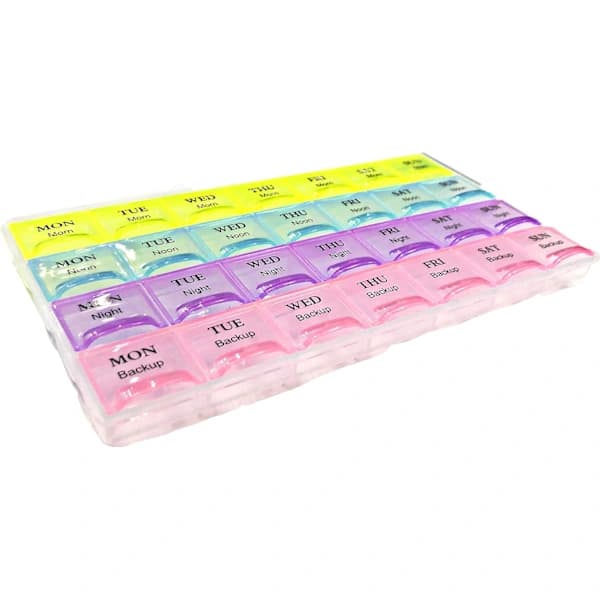 REQUISITE NEEDS Weekly Pill Organizer 7 Days 28 Compartments Tablet Organizer with Labels for Medications Supplements, Vitamins