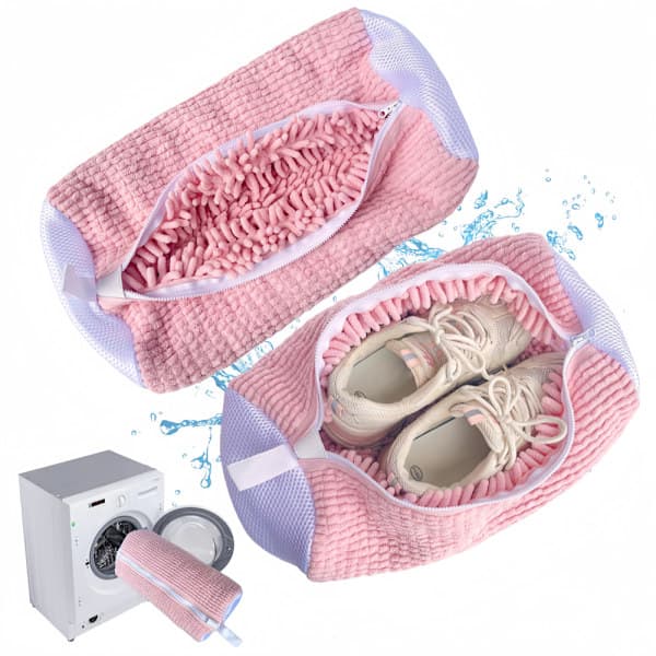 Vaskepose til sko, vaske- og tørrepose til sko, genanvendelig skorengøringspose til sneakers, mikrofiber indvendig, lyserød