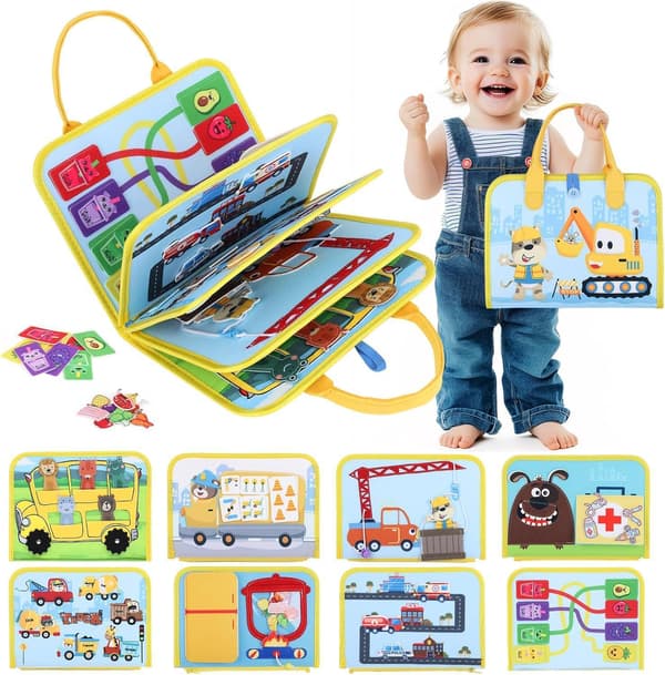 Montessori Felt Activity Board + Quiet Book with Construction Vehicles | 5-Sided Sensory Learning Toy for Children 1-5 Years