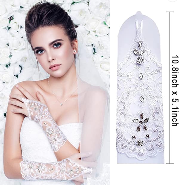 Bröllopshandskar i retrostil i elfenbensspets med blommor och strass