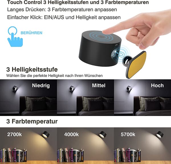 LED-vägglampa för inomhus, sovrum, korridor, sladdlös, vägglampa