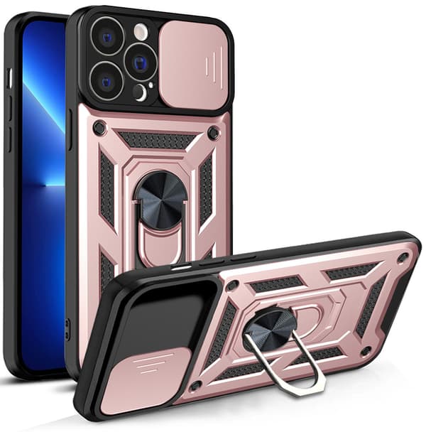 Rosegull iPhone 13 Pro Max-deksel med skyvbart kameradeksel og stativ, innebygd 360° roterende ringholder mag-deksel