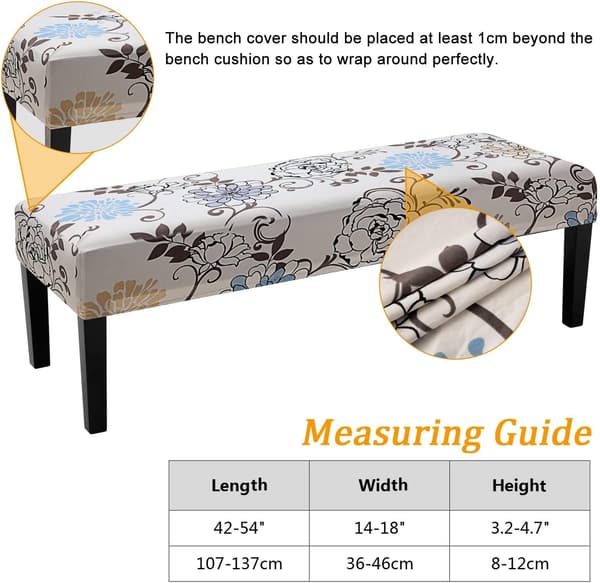 Dining Bench Cover, Super Stretchy Washable Bench Slipcover, Printed Bench Protector for Living Room, Bedroom, Kitchen (Beige/Blue)