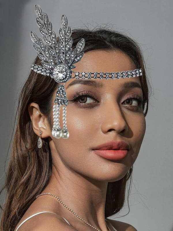 1920-talls Flapper Pannebånd Løv Rhinestone Hodeplagg Perle Hodeplagg Bra Gatsby Hårtilbehør for Kvinner og Jenter (sølv)