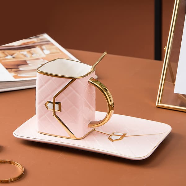 Creative Bag Shape Ceramic Cup + Saucer Golden Edge Design 310ml Pink Pink