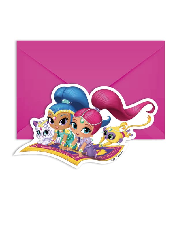 6 Shimmer and Shine-invitasjonskort og konvolutter 14 x 9 cm