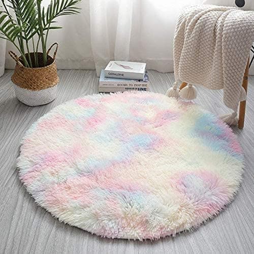 Runde, bløde regnbuefarvede tæpper til pigeværelser, lodne cirkeltæpper til børneværelser, pigeværelser, børneværelser, boligindretning (120 cm * 120 cm)