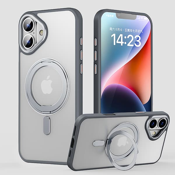 Magnetisk etui til iPhone 16 eller 16 Plus [MagSafe-kompatibel], Gennemsigtig Slank Bagside med 360° Roterbart Ringstativ Grå Grey iphone16plus Grey iphone16plus