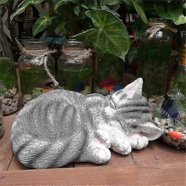 Hagestatue Kattskulptur Simulert Pynt Harpiks Håndverk Hagefigur For Julegave Bursdagsgave Grå Gray