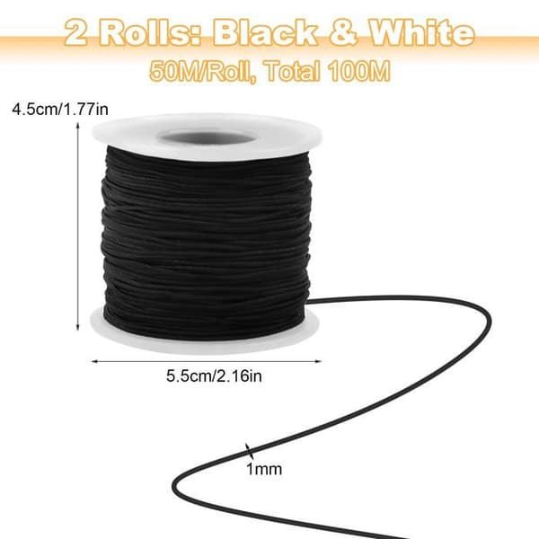 1 mm x 100 m sort og hvid elastisk tråd med saks og nål til armbånd, halskæder og gør-det-selv-håndværk