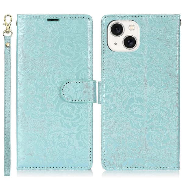 For iPhone 14/13 Mobile Case with Hand Strap Flower Print Leather Wallet Case - Blue (Blue)