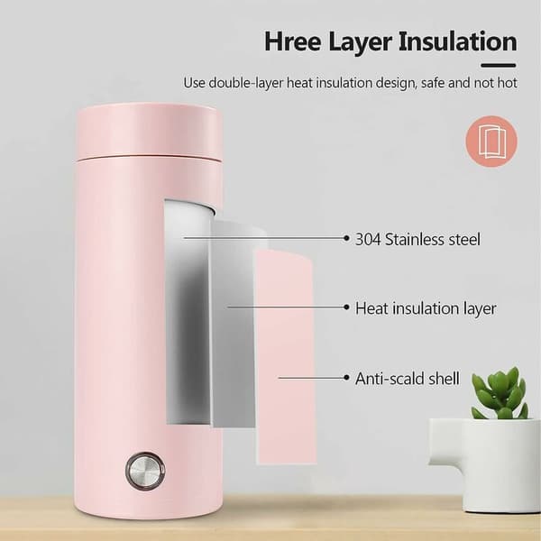 Mini elektrisk rejsekedel 400ml, rustfrit stål, hurtig kogning, automatisk slukning, til te, kaffe, mælk, rosa