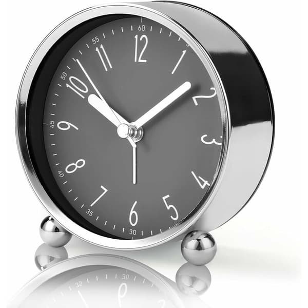 Non-ticking alarm clock, 4' silent bedside clock for heavy sleepers battery operated analog clock (silver case with black dial)