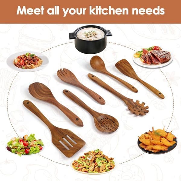 Teak Kitchen Utensils, 7 Spoons, Heat-Resistant Spoon Set, Suitable for Non-Stick Pans.