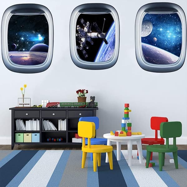 Set med 3 3D-astronautfönster-väggdekaler 58 x 43 cm