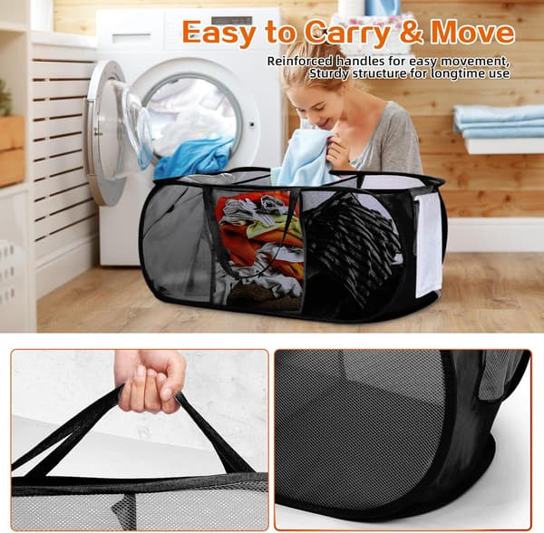 Durable Foldable Laundry Baskets, 3 Compartment Laundry Hamper with Practical Pocket, Foldable Clothes Hamper, Reinforced Carry Handles for Laundry