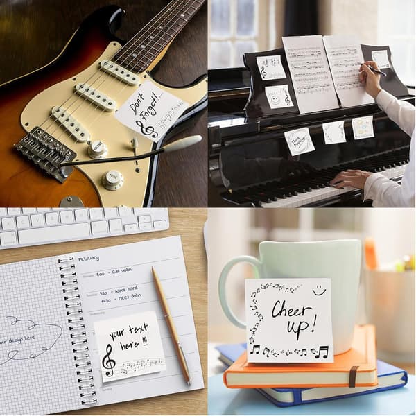 6-pack Music Theme Sticky Notes - Black and White Music Note Self-Adhesive Memo Pads for Kids, Students & Office