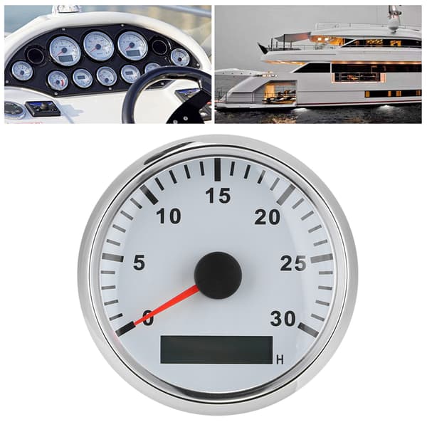 85mm / 3.3in Boat Tachometer Sensor IP67 Tacho Gauge 12V / 24V Red Light with LCD Display Service Hour Meter 3000 RPM Silver Frame White Dial