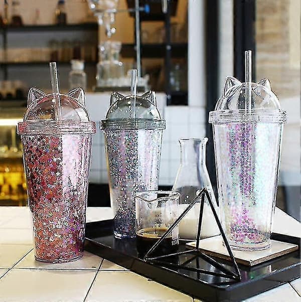 500 ml återanvändbar mugg med lock och sugrör, dubbelväggig, rosa