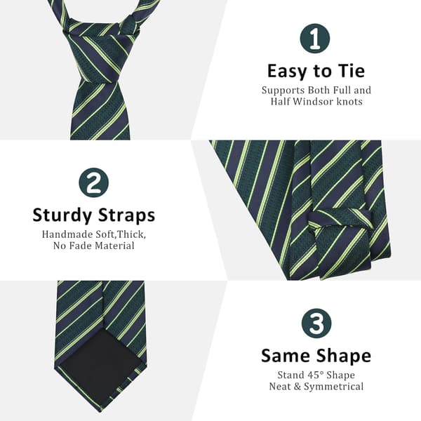 Sæt med slips og lommetørklæde til mænd, manchetknapper, vævet ternet, stribet slips til formel forretning, gallafest, bryllup, grøn stribe - Green Stripe