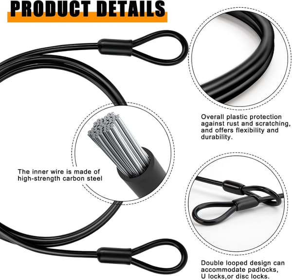 (2 stycken) Cykellås Kabel Lås Stål Säkerhetskabel med Öglor Längd 1m Tjocklek 3mm med PVC-beläggning