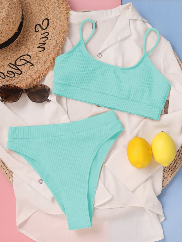 Kvinner Høy Midje Ribbet Cami Bikini Sett Mint Blå S-US4