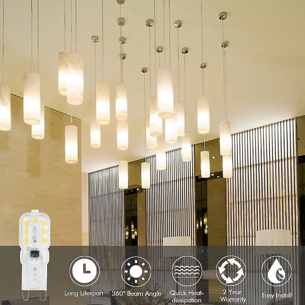9 LED-lampor, 3W G9 LED-lampor (motsvarande 33W halogenlampor), kallvit 6000K, flimmerfri, 360 graders vinkel, AC 220V, 10-pack