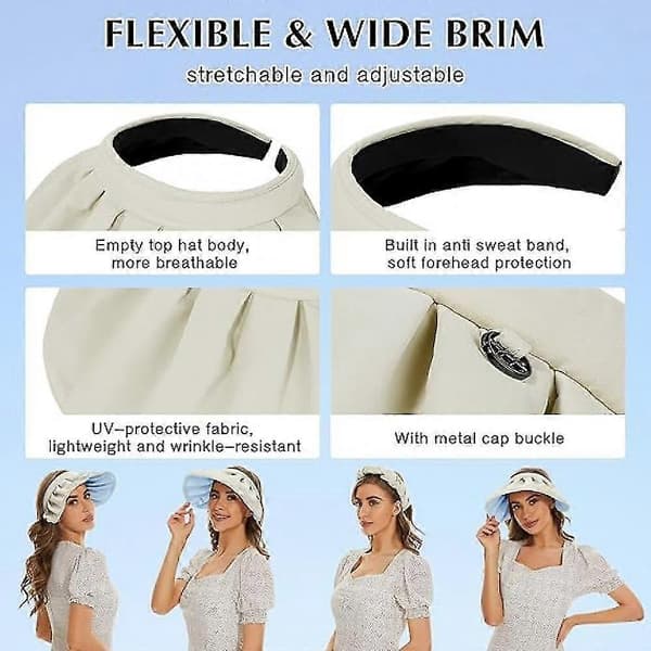 Mike Sun Visor for Women, UV Protection Wide Brim Packable Summer Hat Beach Hat Foldable Shell Hat Roll-up Hairband (black)