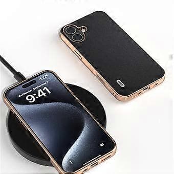 ABEEL Compatible Case for iPhone 16 Electroplating Genuine Leather PC Phone Case (Black)