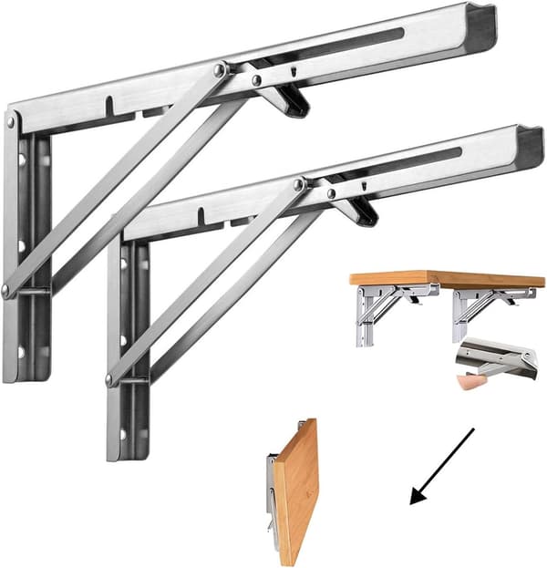 Sammenklappelig hyldekonsol, rustfrit stål, 400 mm/16 tommer, 80 kg bæreevne til mikrobølgeovn, 2 stk.