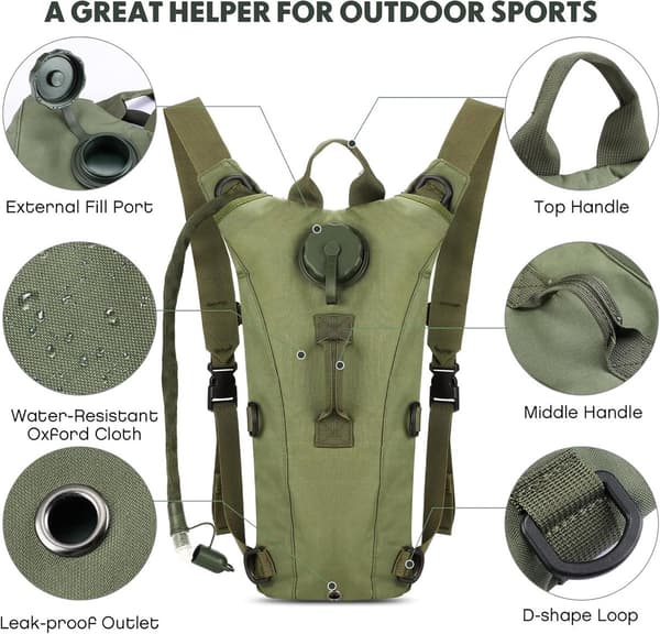 3L Hydration Backpack with Water Bladder and Straw, Army Green - for Hiking, Cycling, Running, Trekking