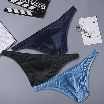Men's Ice Silk Thin Striped Solid Color U Convex Inside Wear Sexy Quick Dry Thong Underwear (L Red)