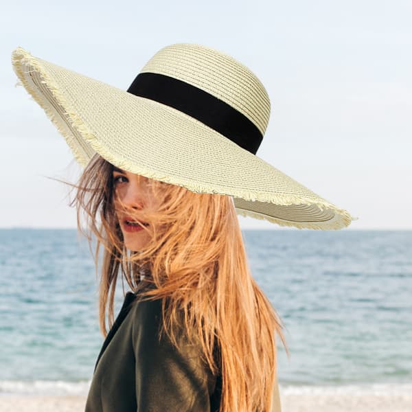 Dame Solhatt i Halm Boho Stor Skyggebrem Strandhatt Vår Sommer Utendørs