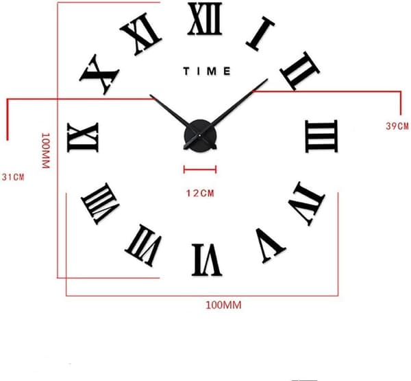 Musta DIY Suuri Seinäkello Roomalaiset Numerot Iso Kello 3D Tarrat