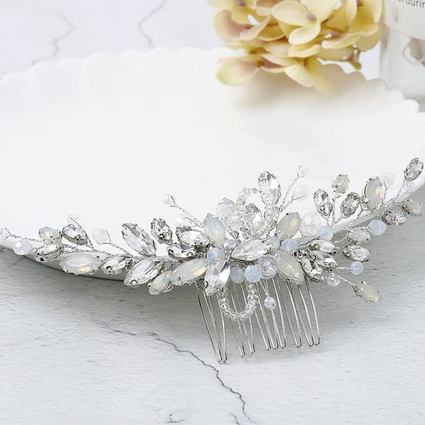 Bröllopshårkam Silver Strass Opal Kristall Vintage