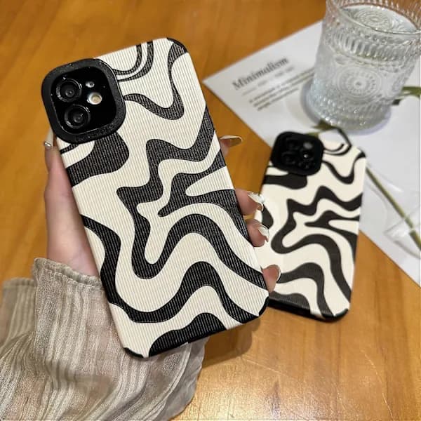 Designed iPhone 14 Case, Soft PU Leather TPU and Cute Art Wavy Painted for Women Girls, Slim Protective Shockproof Compatible with iPhone Ca