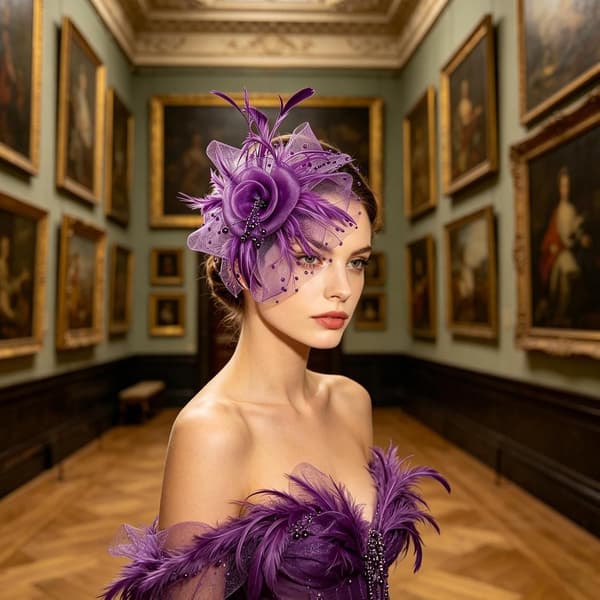 Fascinator til kvinder, pandebånd med blomster og slør lilla - violett