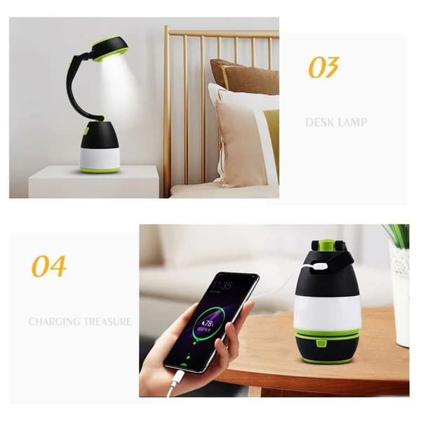 USB-genopladelig 3-i-1 multifunktions LED-lampe, ideel til camping, vandreture, kontor eller hjem