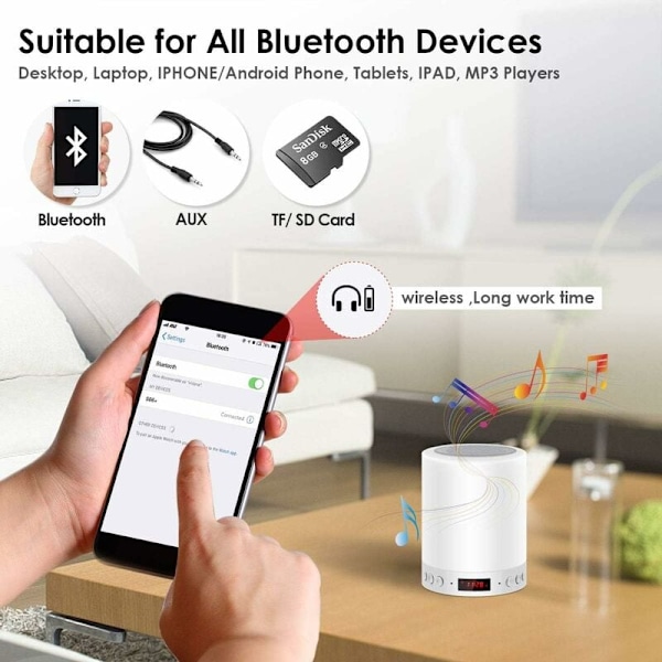 Sänglampa med Bluetooth-högtalare, FM-radio, digital väckarklocka, USB-touchkontroll, digital klocka och RGB-nattlampa