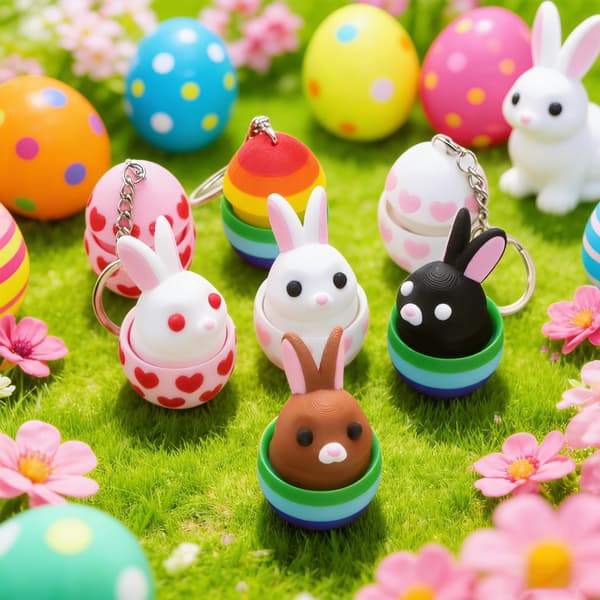 Easter Egg Trend Toy Figure, Stress Relief Button Keychain Accessory, Button Bunny - White Egg with Black Eyes