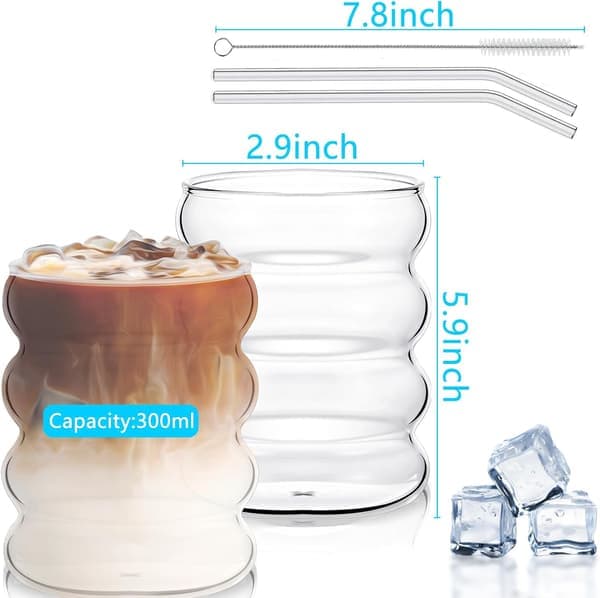 Räfflade glas 300 ml, set med 2 kaffeglas med räfflade sugrör i glas för mat, vatten, juice, öl, universella dricksglas