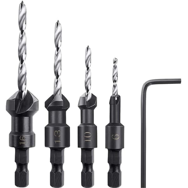 Walnut Countersink, 4 Pieces Hexagonal Tapered Countersink Drill Bit with a Small Wrench, Tapered Wood Countersink Suitable for Wood or Plastic Pa