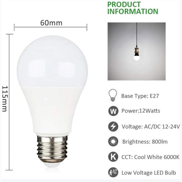 E27 12V LED Cool White 6500K för camping, 75W Halogenekvivalent, AC DC 12 Volt 24 Volt E27 LED-lampa för solpanel/garage/trädgård, ej dimbar 12 watts