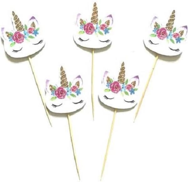 Cocktailpinner - Kakepinner - Cupcakes - Enhjørning - Blomsteransikt - 48 stk