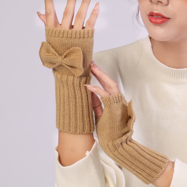 Beige strikkede fingerløse handsker med sløjfe
