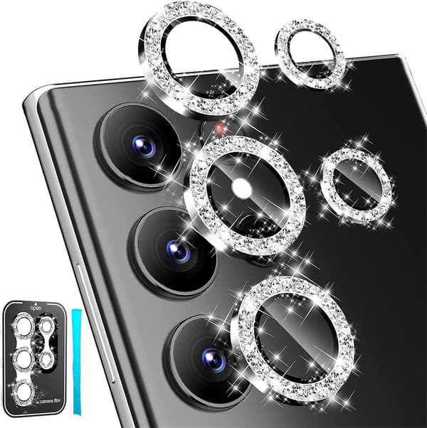 For Samsung Galaxy S24 Plus Camera Lens Protector, Shiny HD Tempered Glass Aluminum Alloy Ring, Rear Screen Protector Silver Sliver