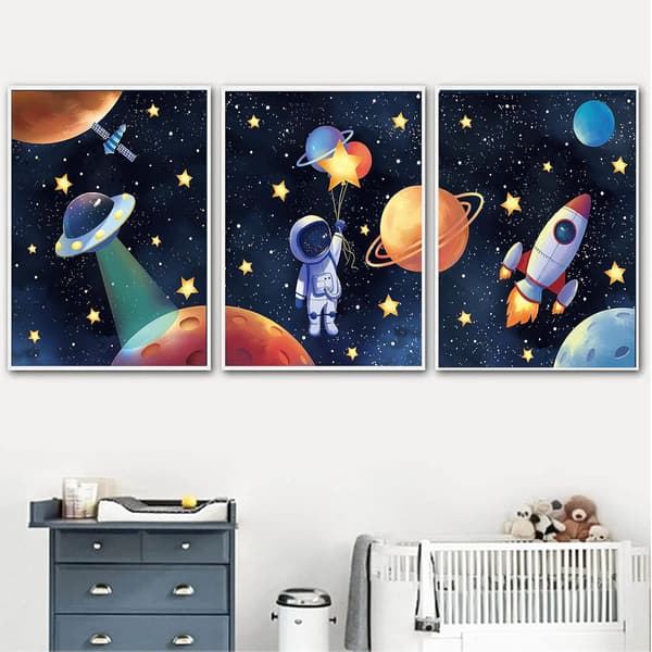 Astronaut Rymd Canvas Målning för 3 Delar, Spelrum Väggdekor, Solsystem Raket Väggposter