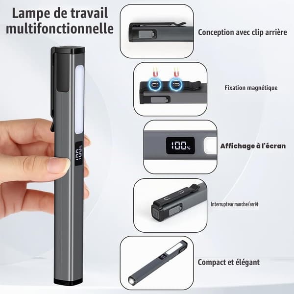 Arbejdslampe, Genopladelig LED-penlygte | COB-arbejdslampe med magnet, 6 tilstande og batteriindikator