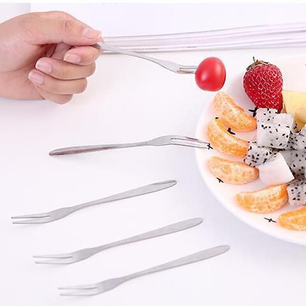 Small Stainless Steel Forks for Cocktail, Appetizer, Dessert, Party, 10 Pieces, 2-Prong Fruit Fork