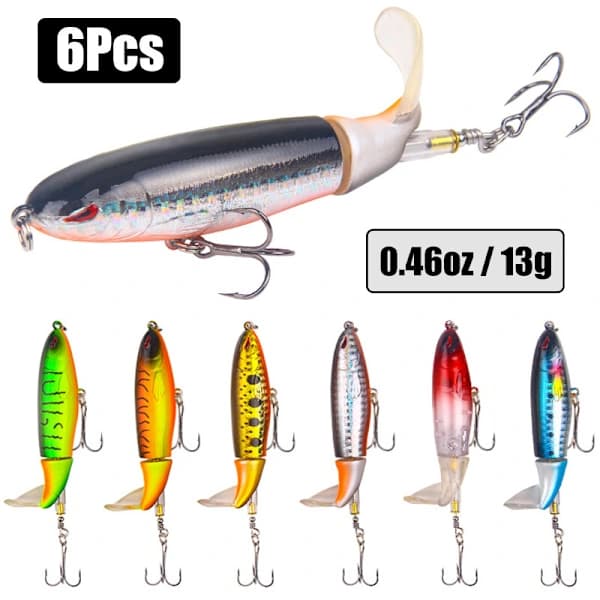 6 stk. overflatefiskesluksett Whopper Plopper abboragn med roterende hale